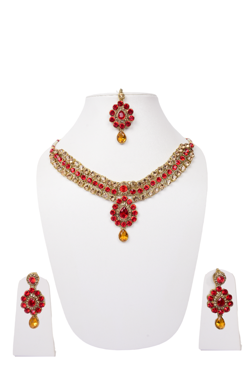 Namokriti Royal Gold & Crystal Bridal Jewellery Set – Necklace, Earrings & Maang Tikka